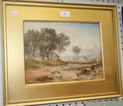 J.M. Donald, Landscape with Stone Cottages, watercolour