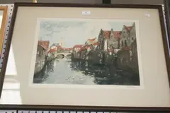Henri Cassiers, View of a Continental Canal, colour etching