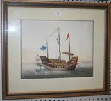 R.A. Hughes, Study of a Chinese Junk moored in Coastal Waters, watercolour with gouache