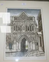 Valerie Thornton, St. Ethelbert's Gate, Norwich, coloured etching with aquatint