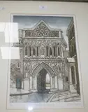 Valerie Thornton, St. Ethelbert's Gate, Norwich, coloured etching with aquatint