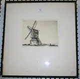 Kenneth Steel, Derelict' (Landscape with Figures approaching a Windmill), monochrome etching