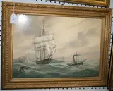Max Parsons, Coastal View with a Pilot Boat towing a Sailing Ship through a Harbour, oil on panel