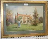 Howard Gaye, Woman tending a Standard Rose within a Country Garden, a House beyond, watercolour