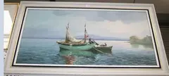 Albert Grifon, Mediterranean Coastal View with Figures in Fishing Boats, a Fortification beyond, oil on canvas