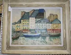 J.L. Cruzalegui, View of Shops along a French Quayside, oil on board