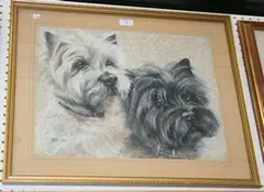 Olga Misksche, Fred & Ben' (Study of Black and White Scottie Dogs), 1980, pastel