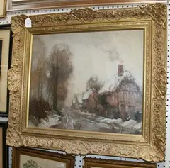 H.M. Wilson, View of a Snowy Country Lane with Trees and Cottages, oil on canvas