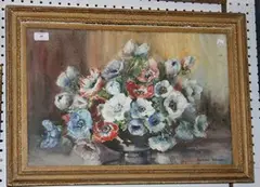 Marion Broom, Still Life Study of Poppies in a Shallow Bowl, watercolour