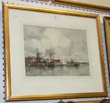 Edmund Aubrey Hunt, Landscape with Barges at a Quay, Windmills beyond, watercolour