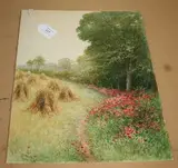 G. H. Jenkins, Landscape with Corn Stooks and Poppy-lined Woodland, watercolour heightened with white