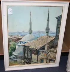 N. Gerasim, View across Rooftops towards a Harbour City, probably Istanbul, oil on canvas