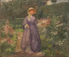 Osmund Pittman, Woman holding a Dove in a Garden, oil on canvas