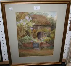 J.P. Wale, View of a Thatched Cottage and Garden, watercolour