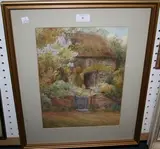 J.P. Wale, View of a Thatched Cottage and Garden, watercolour
