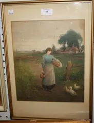 George Whyatt, Woman walking past Ducks in a Rural Landscape, watercolour