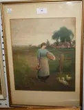 George Whyatt, Woman walking past Ducks in a Rural Landscape, watercolour