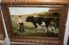 L. Regues, Boy leading a Bull in a Landscape, oil on canvas
