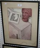 Rodney Joseph Burn, Still Life Study of a Classical Bust and an Open Book on a Table, and Still Life Study of Fruit in a Bowl, 1940, a pair of coloured inks over pencil traces