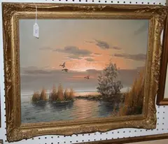 G. Brouwer, Continental Landscape with Ducks in Flight above a Lake, oil on canvas