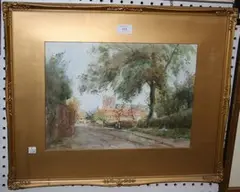 Edgar Woollatt, Figures on a Village Road, a Church beyond, watercolour