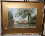 Edgar Woollatt, Figures on a Village Road, a Church beyond, watercolour
