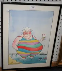 David Hughes, Cartoon of the Liberal Politician Cyril Smith on Brighton Beach, watercolour and inks