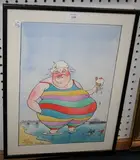 David Hughes, Cartoon of the Liberal Politician Cyril Smith on Brighton Beach, watercolour and inks
