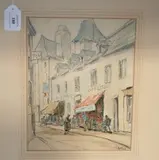 Lannion' (Britanny Street Scene), and Café View by Clifford Eric Martin Hall, a pair of mid-20th Century watercolours over pencil traces, sold Apr 2012