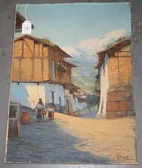 A.V. Quito, View of a South American Village with Figures wearing Traditional Costume collecting Water, oil on canvas laid on board