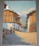 A.V. Quito, View of a South American Village with Figures wearing Traditional Costume collecting Water, oil on canvas laid on board