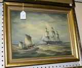 Max Parsons, Coastal View with Figures in a Small Sailing Boat heading towards a Man-o'-war, oil on board