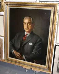 Alan Sutherland, Half Length Portrait of a Gentleman wearing a Grey Suit, with a White Shirt and Red Tie, 1967, oil on canvas