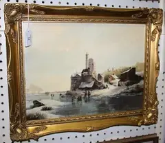 View of a Frozen Dutch Canal with Figures near a Snow-covered Village by Shirley Anne Webb, oil on board, sold Feb 2012