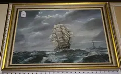 C. Kay, The Friendly Light' (View of a Man-o'-war passing a Lighthouse in Choppy Waters), oil on canvas
