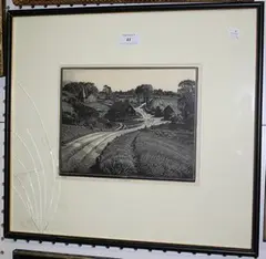 Charles William Taylor, Wealden Farm' (View of the Kent Countryside with a Farm and an Oast House), mid-20th Century woodblock, signed and editioned 19/50 in pencil
