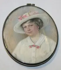 Enid Stoddard, Oval Miniature Head and Shoulders Portrait of Mrs Norton Matthews, wearing a White Hat with a Rose Band, White Chemise and Pearl Necklace, watercolour
