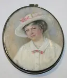 Enid Stoddard, Oval Miniature Head and Shoulders Portrait of Mrs Norton Matthews, wearing a White Hat with a Rose Band, White Chemise and Pearl Necklace, watercolour