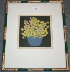 Hall Thorpe, Still Life Study of Primulas in a Vase, woodblock printed in colours, signed in pencil