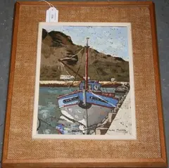 Alan Maling, Boat moored at a Quayside, Mountains beyond, oil on board