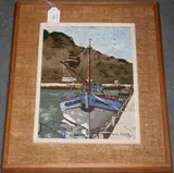 Alan Maling, Boat moored at a Quayside, Mountains beyond, oil on board
