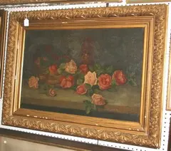 Still Life Study of Roses resting on a Stone Ledge by Emile Pauwels, 1900, oil on canvas, sold Feb 2012