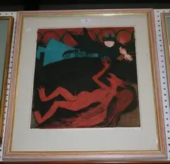 Alison Milner-Gulland, Battle over Chanctonbury, mixed media etching with hand colouring and heightened in gilt