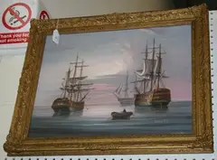 Bernard Page, Study of a Man-O'-War on Calm Coastal Waters, oil on canvas