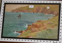 W.E. Croxford, Shepherd standing on a Rocky Outcrop, a Coastline beyond, watercolour with gouache