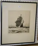 Norman Wilkinson, Mayflower's Landfall, monochrome drypoint etching