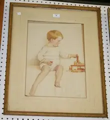 Violet M. Haswell, Young Child playing with Building Blocks, 1924, watercolour
