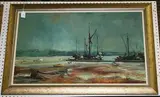 Matt Bruce, Estuary View with Moored Boats, oil on board