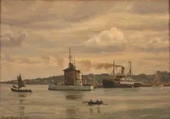 Viggo Helsted, View of a Ferry in a Harbour, 1923, oil on canvas