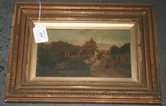 Florence Fitzgerald, Amberley, Sussex' (View of the Sussex Village with a Woman carrying a Bucket), oil on board